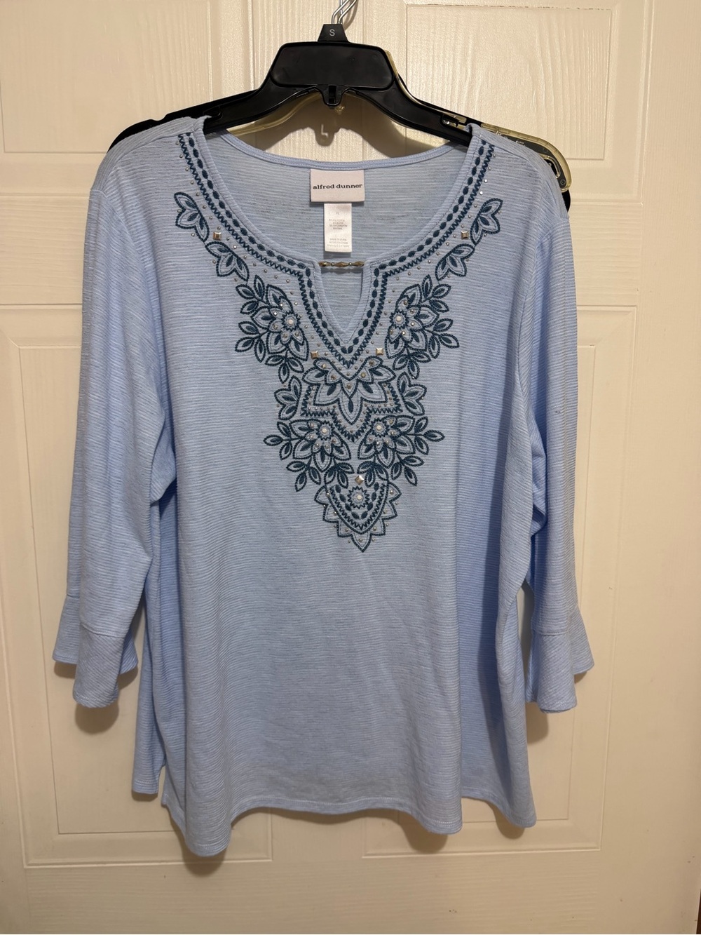 Alfred Dunner Light Blue Tunic with Navy Floral Embroidery